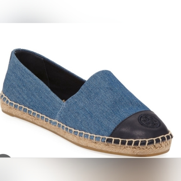 Tory Burch Indigo Light Wash Denim Chambray Leather Espadrilles 9.5 - Picture 2 of 9